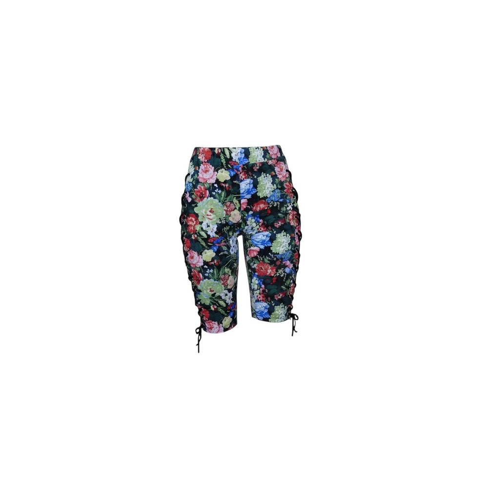 SJL Apparel Floral Lace Up Leggings Women S/M Multi Color Capri Side Tie Pants